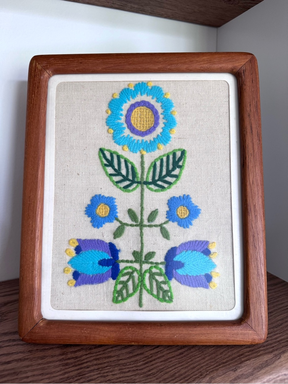 Vintage MCM Carr Teakwood Framed Floral Crewel Embroidered Art Decor